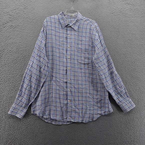 Peter Millar Linen Button Down Shirt Size XL Blue Beige‎ Plaid Mens Long Sleeve - Picture 1 of 11